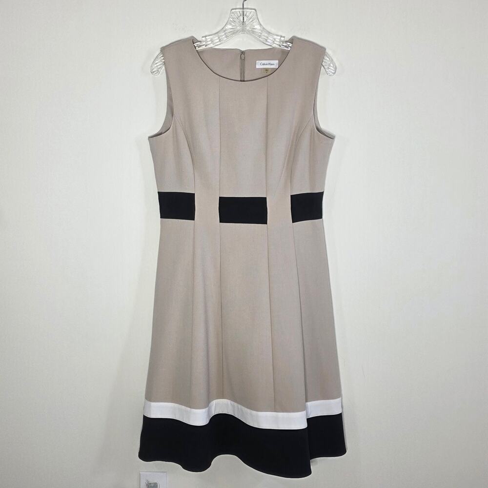Calvin Klein Womens Colorblock Sleeveless A-Line Dress Beige Black Size 8